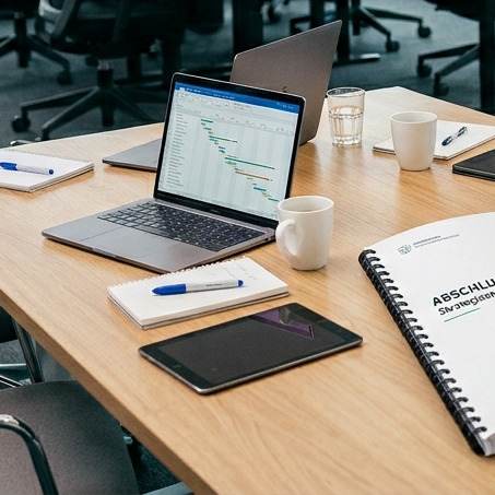 Laptop mit Diagrammen, Notizblock, Stift und Kaffeetasse auf einem Konferenztisch.