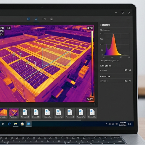Thermografische Darstellung eines Dachs mit Solarpanelen und Farbbalken zur Temperaturanalyse.