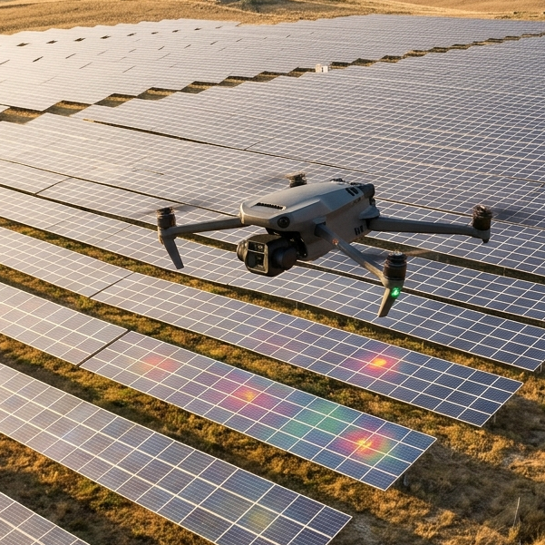 Drohne über einem Solarfeld, das Reihen von Solarpanels zeigt.