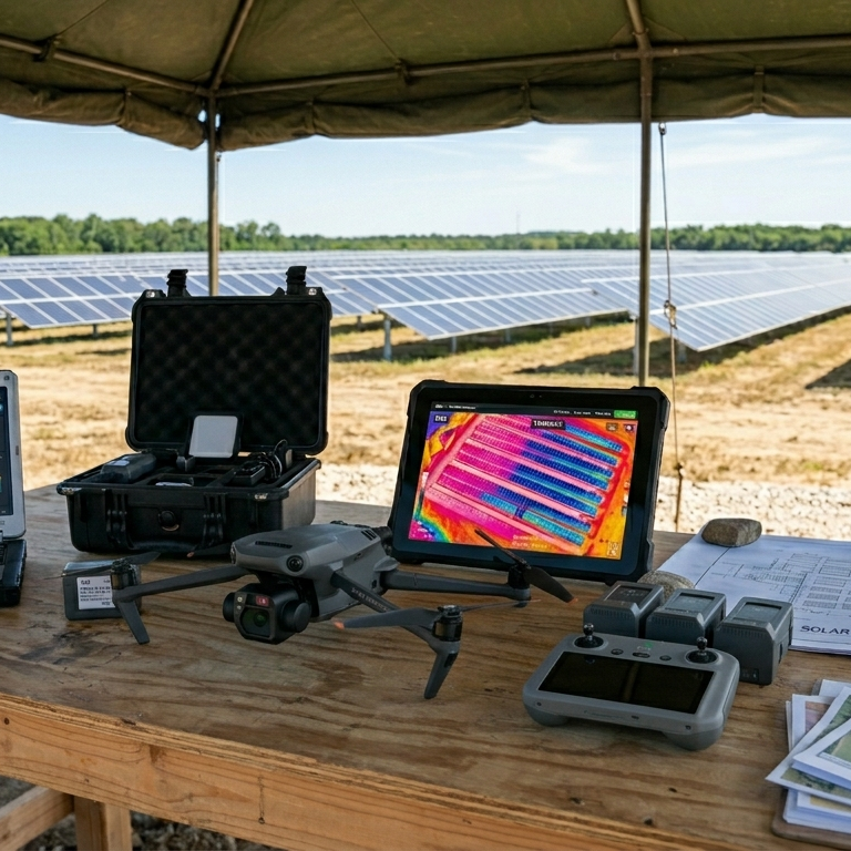 Drohne und Tablet auf einem Tisch, Solarzellen im Hintergrund.