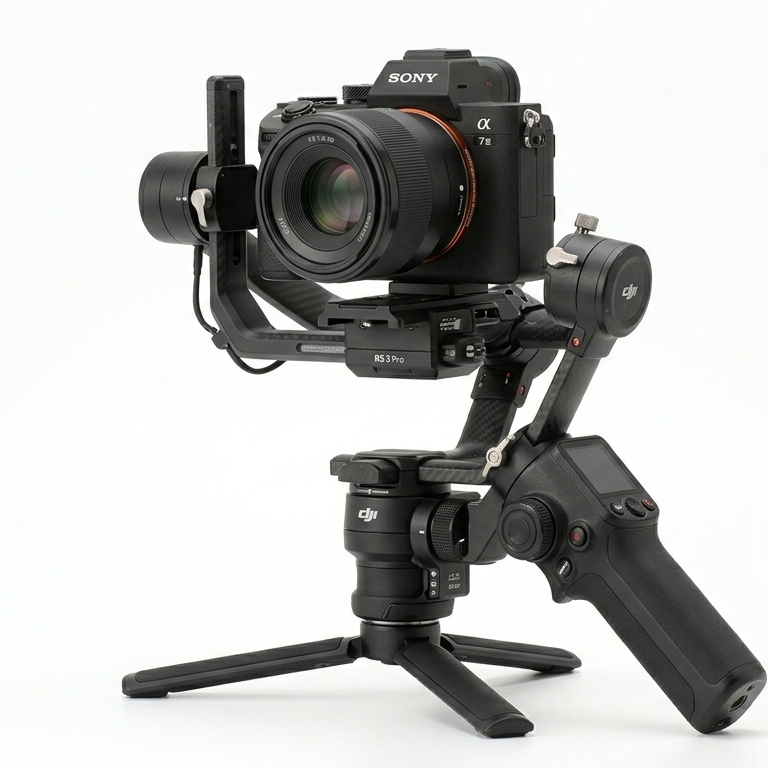 DSLR-Kamera auf einem Stabilisator mit Griff und Stativ.