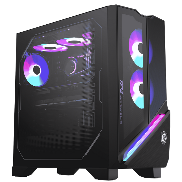 Schwarzer PC-Gehäuse mit RGB-Lüftern und beleuchtetem Streifen.