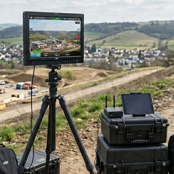Übertragungsmonitor auf Stativ, Blick auf eine Baustelle und umliegende Landschaft.