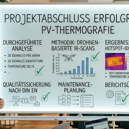 Projektabschluss der PV-Thermografie mit Analyse, Methoden und Ergebnissen.